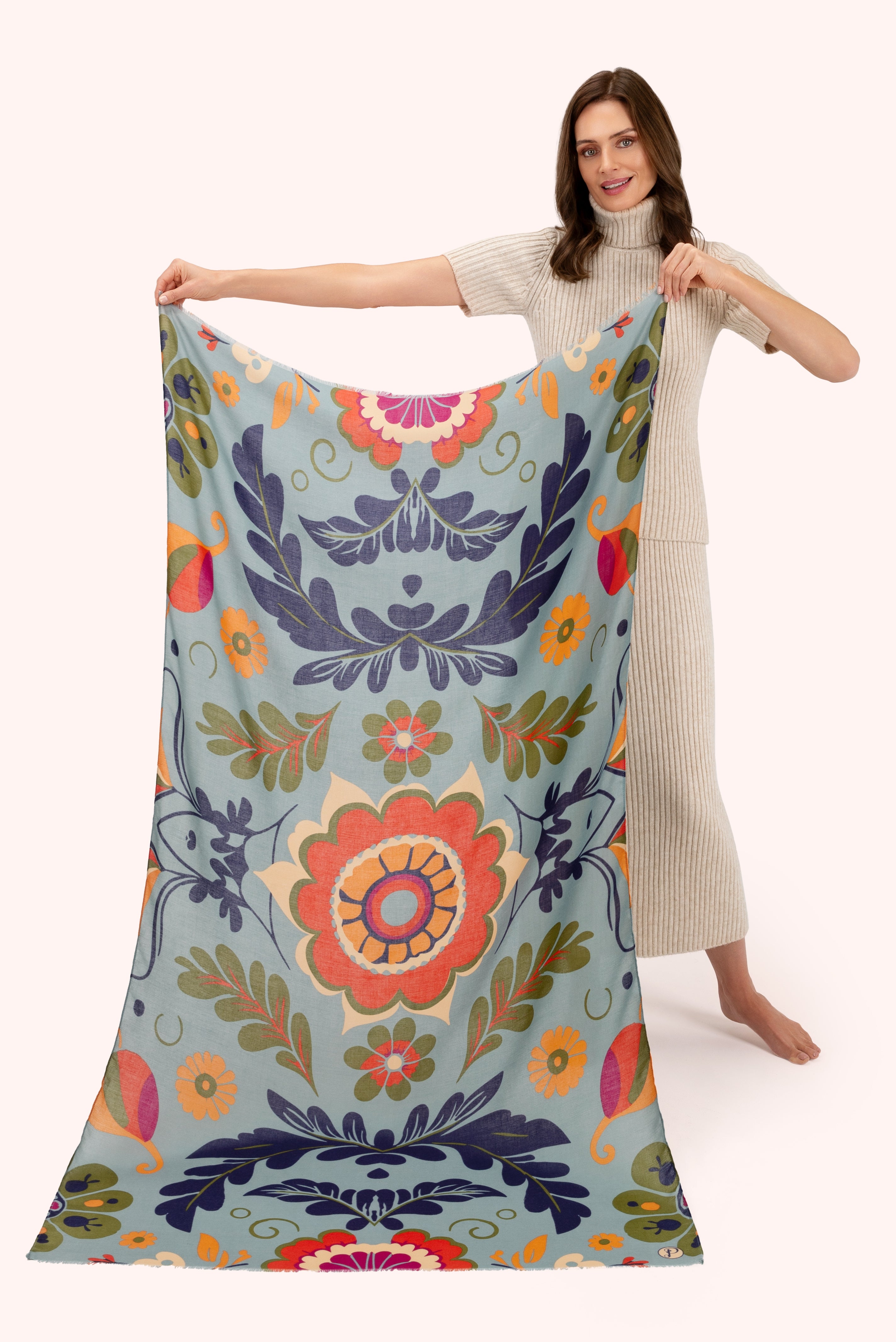 Print Scarf Folk Floral Winter Ice