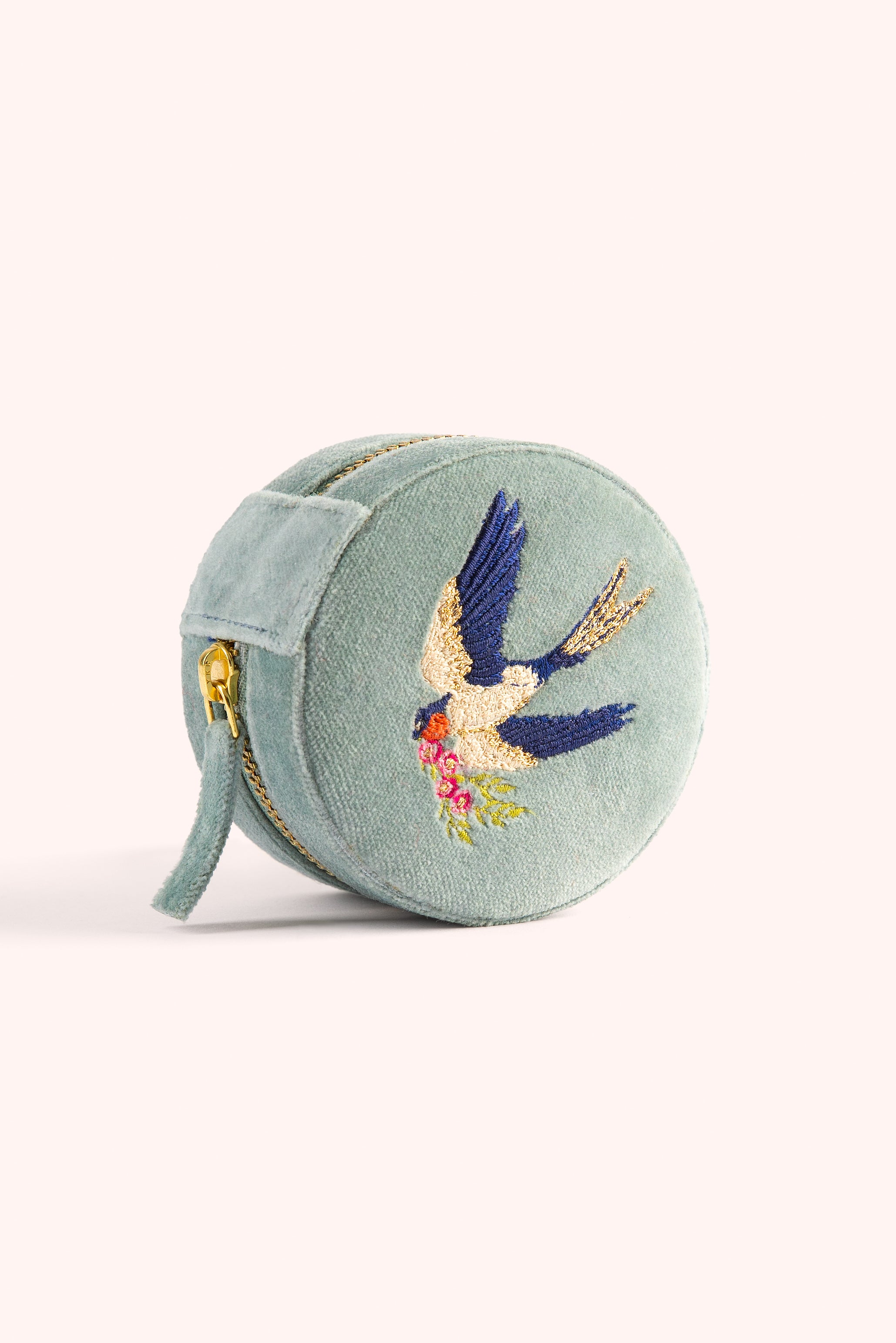 Round Velvet Jewellery Box Swooping Swallows